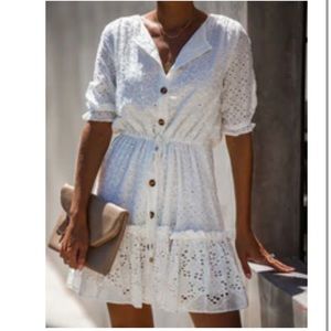 Eyelet Adjustable Button Down Dress, White, medium